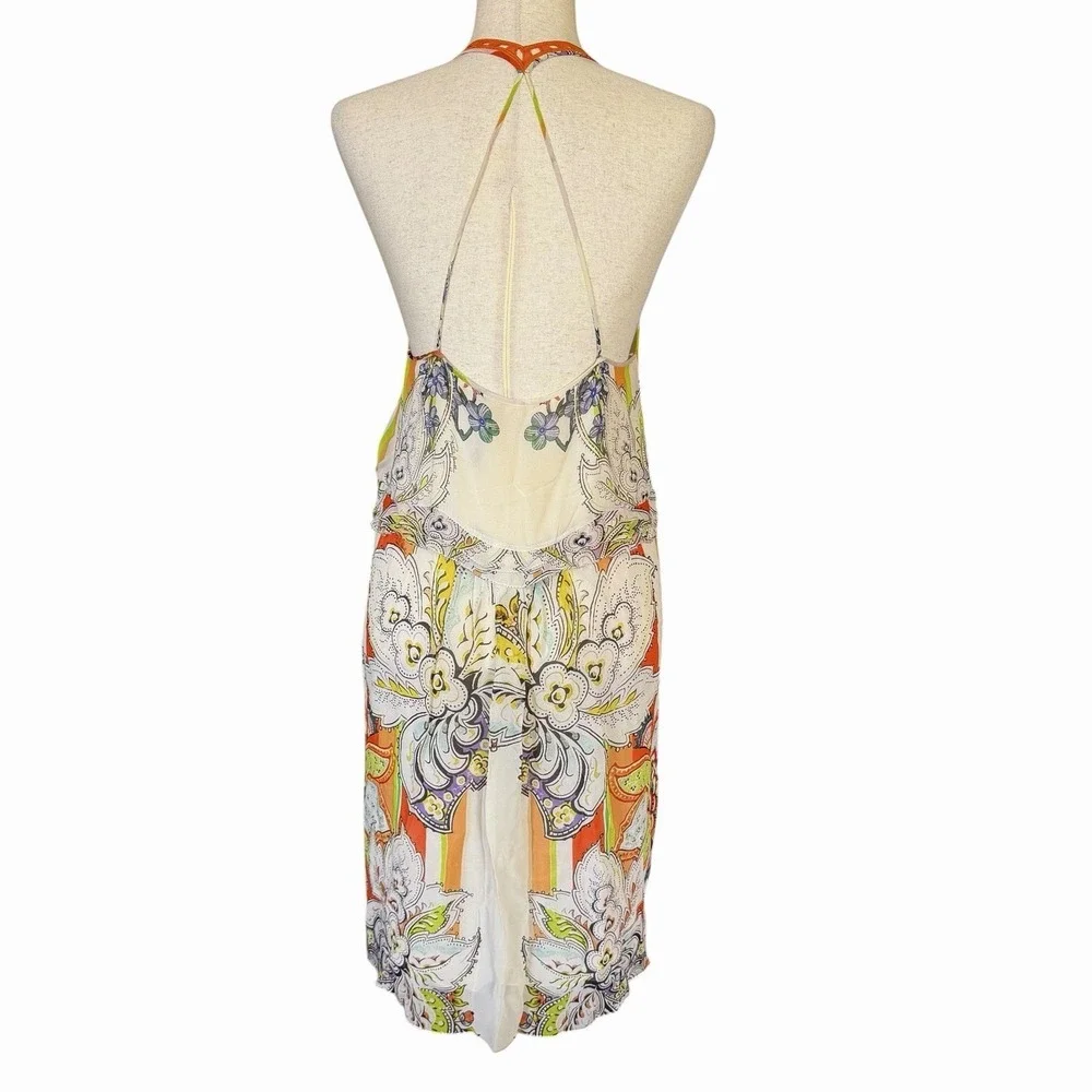 Roberto Cavalli Silk Halter Dress US 6/ 42 Mixed Print Crochet Bib Euro-Summer